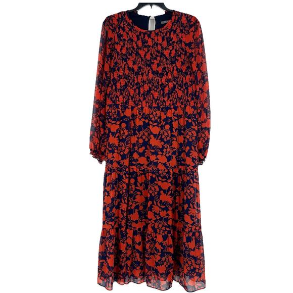 Julia Jordan Smocked Floral Tiered Maxi Dress Orange Blue Sheer Sleeves Size 12 - Picture 1 of 11